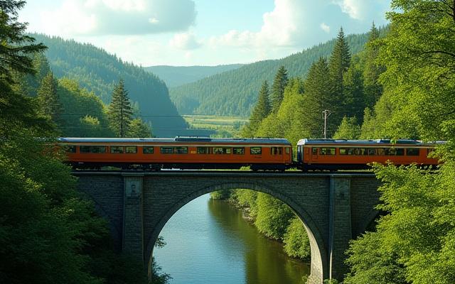 Äldre tåg som korsar ett vackert svenskt landskap, sommar.