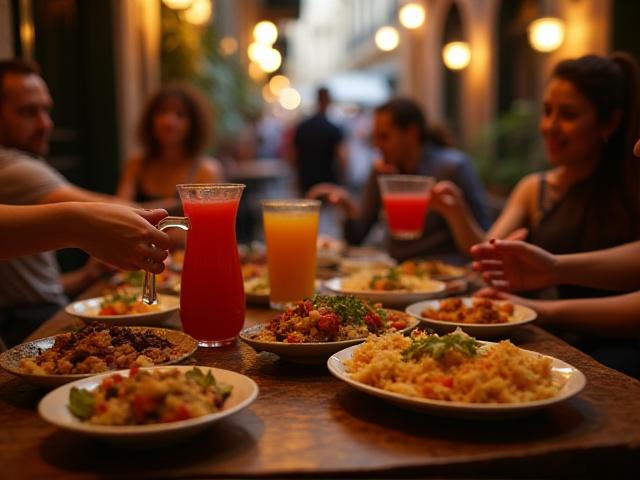 Ett bord fyllt med olika tapasrätter och sangria i en spansk miljö